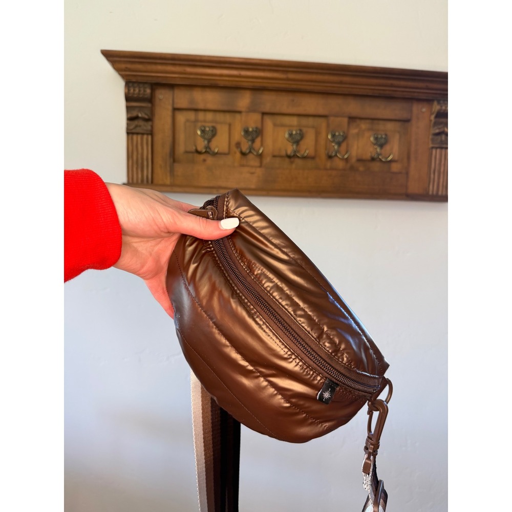 Bronze Puffer Belt Bag Crossbody Quilted Nylon with Striped Guitar Strap Brown